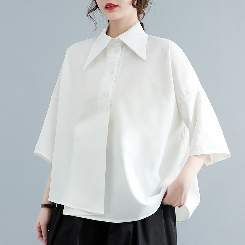 Summer lazy style loose short sleeve black shirt Women's irregular 3/4 sleeve bf shirt top