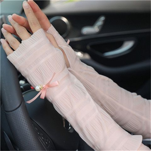 日焼け止め袖カバー女性の長いシフォンレースの薄い袖カバー夏の紫外線防止運転は氷糸腕カバーに乗ります。|undefined