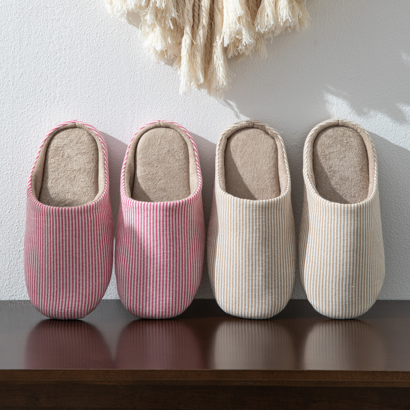 Vertical Stripe Japanese Indoor Home Wooden Wooden Floor Warm Men's and Women's Four Seasons Home Cotton Slippers Solid Color Stripe