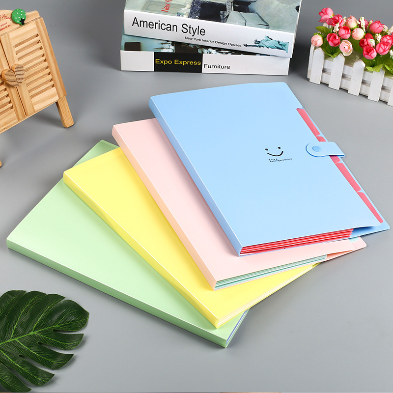 Candy color a4 folder multi-layer five-compartment smile organ bag button test paper storage file bag pp file bag