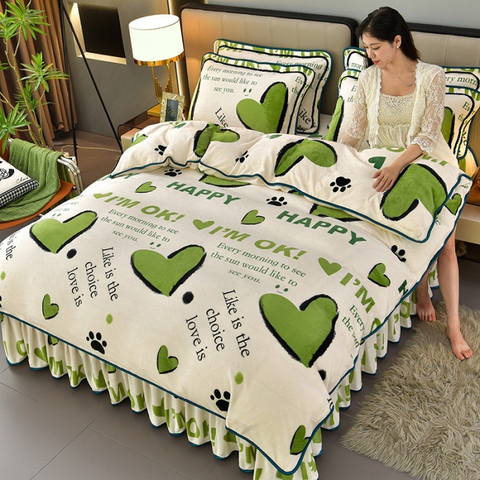New thickened milk velvet bed skirt four-piece set winter warm flannel quilt cover gold carving flannel four-piece set