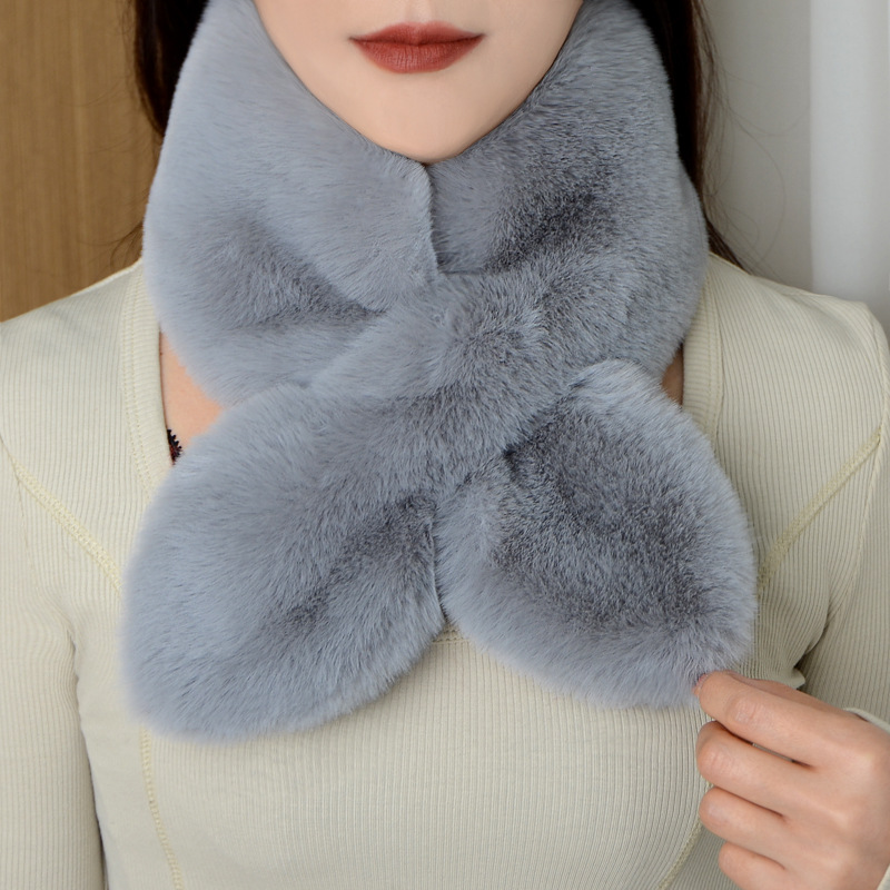 Women's winter thickened warm imitation Rex rabbit fur scarf versatile neck protection plush cross scarf for men and women