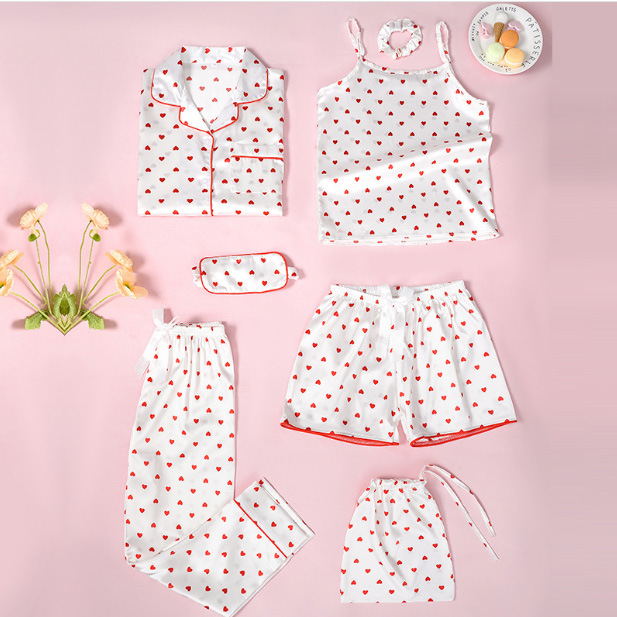 Foreign trade Europe and the United States girls seven-piece pajamas long sleeve silk strap striped home clothes suit wholesale