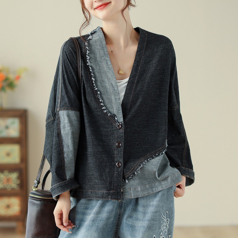 Autumn and Winter Japanese style New plus size design artistic retro stitching Denim coat women's loose slimming top