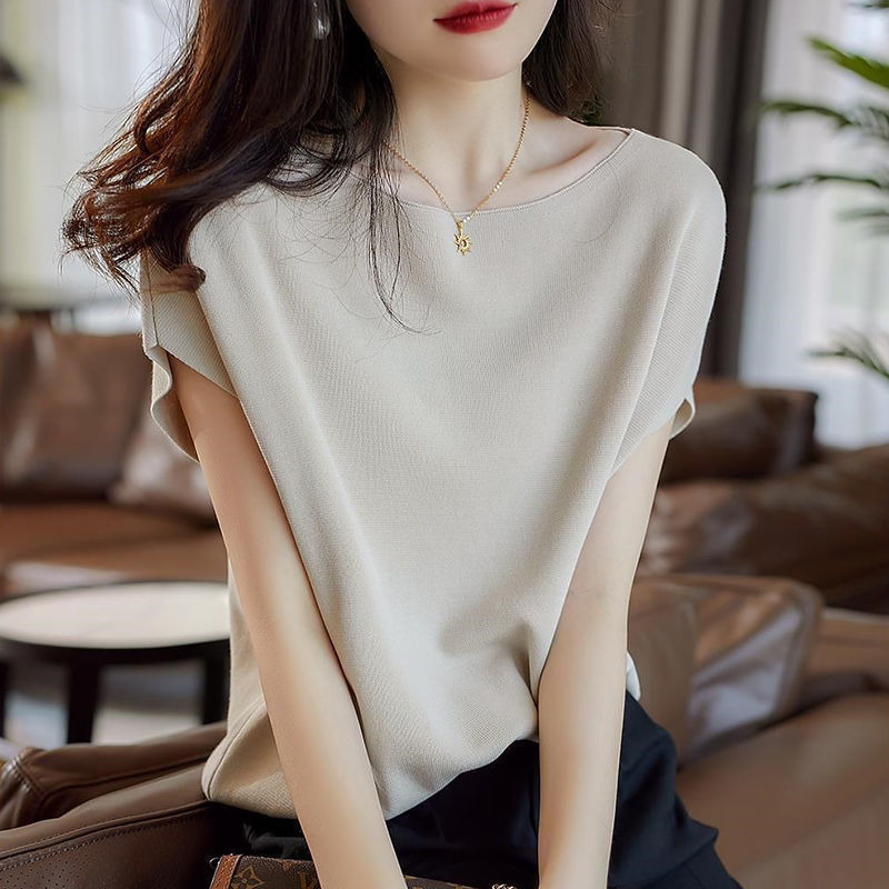 Women's 2024 solid color knitted T-shirt short sleeve Ice Silk batwing shirt summer new British style thin pullover top