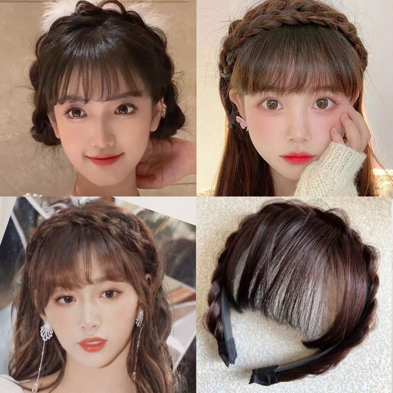 Shake the same style braid hairband bangs one-piece real hair forehead curtain sideburns cover white hair broken bangs wig