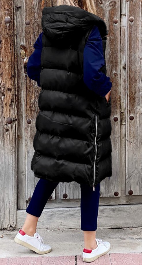 2022 autumn and winter solid color hooded long cotton-padded jacket women's loose warm casual fashion single-breasted zipper sleeveless jacket_voghion.com