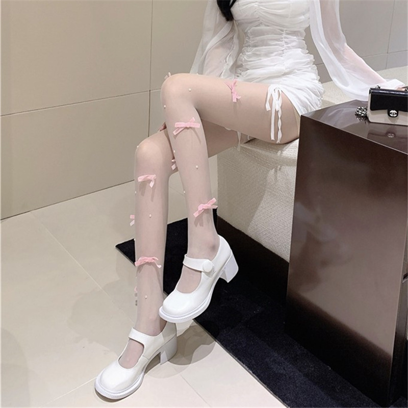 Sweet and Pure Bow Silk Stockings White Lolita Pantyhose Pearl Socks Women's Spring and Summer Ultra-thin Arbitrary Cut