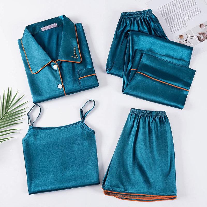 2023 new pajamas women Four Seasons can wear sweet solid color 5050 summer four-piece thin foreign trade Home clothing 7