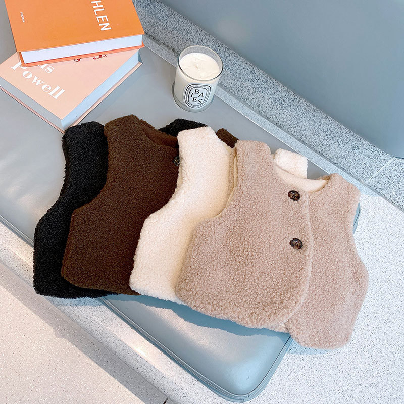 Children's Wear 2023 Winter New Children's Warm Vest Shoulder Waistcoat Korean Style Boys' and Girls' Lamb Velvet Lined Thickened Vest