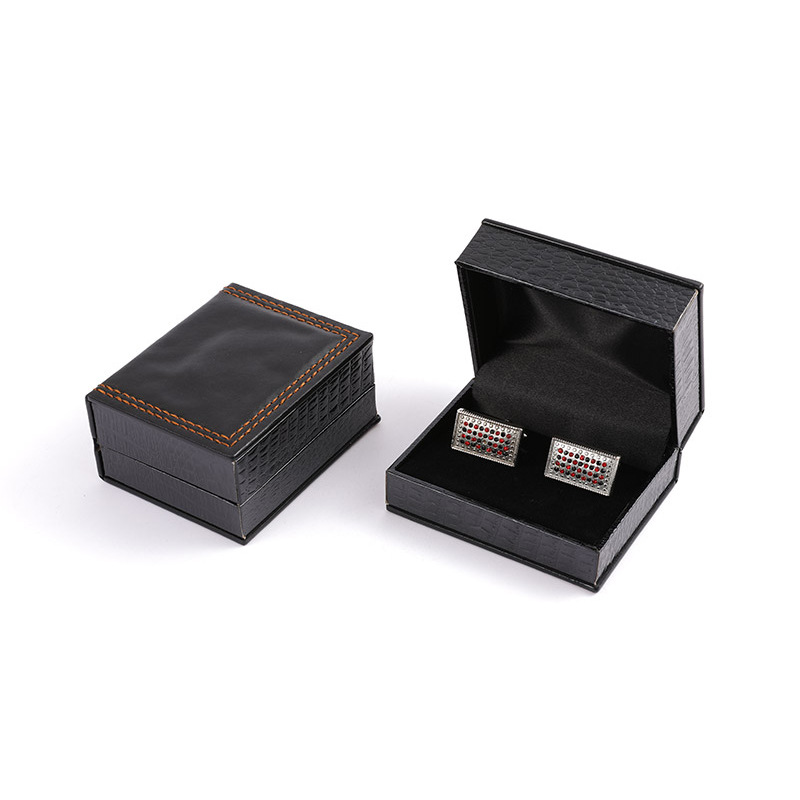 高档PU缝边袖扣盒 黑色塑料翻盖袖扣饰品盒批发cufflinks box