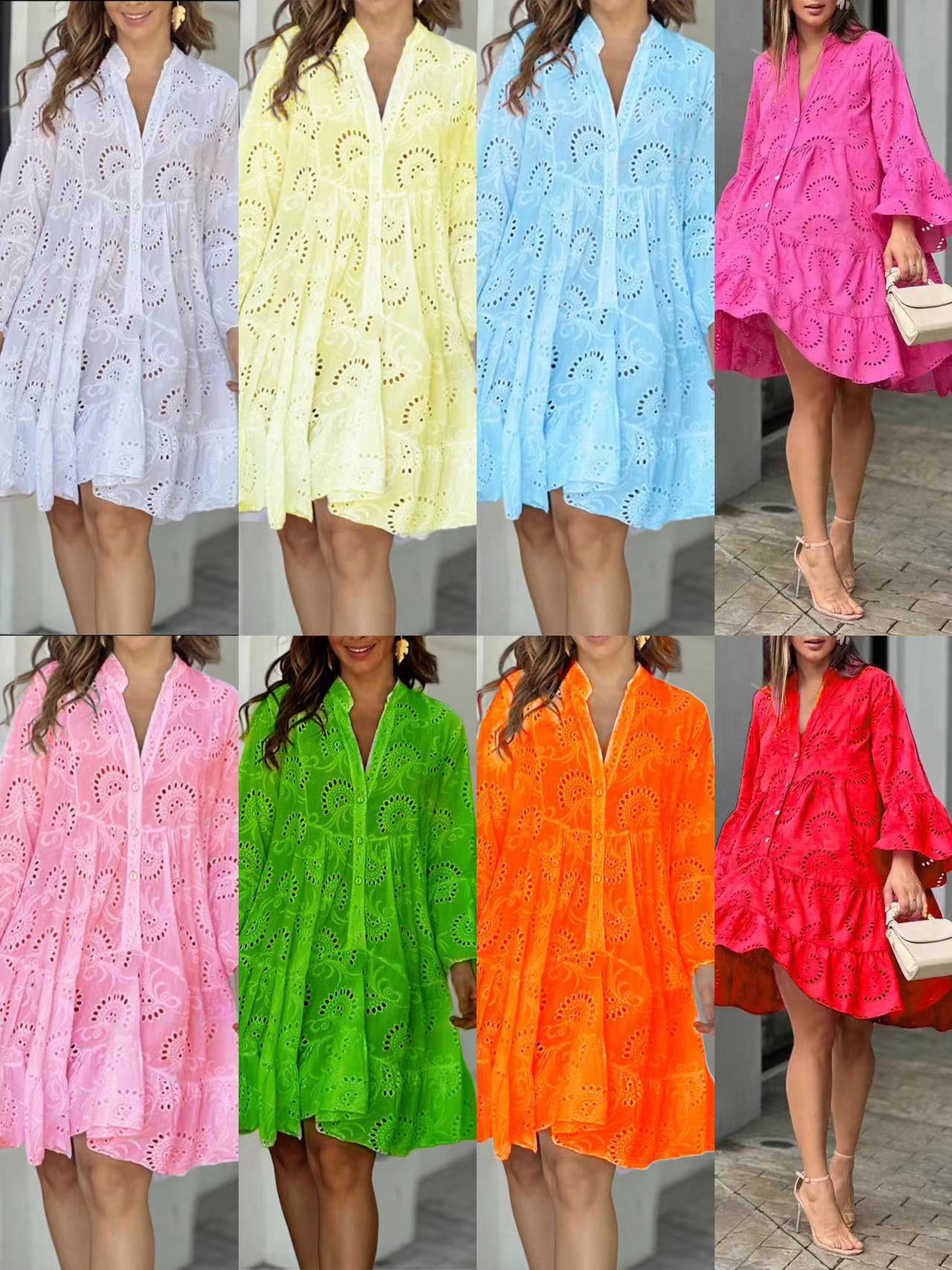 In stock 2023 European and American cross-border spring and summer Amazon solid color V-neck loose embroidery hollow lace dress