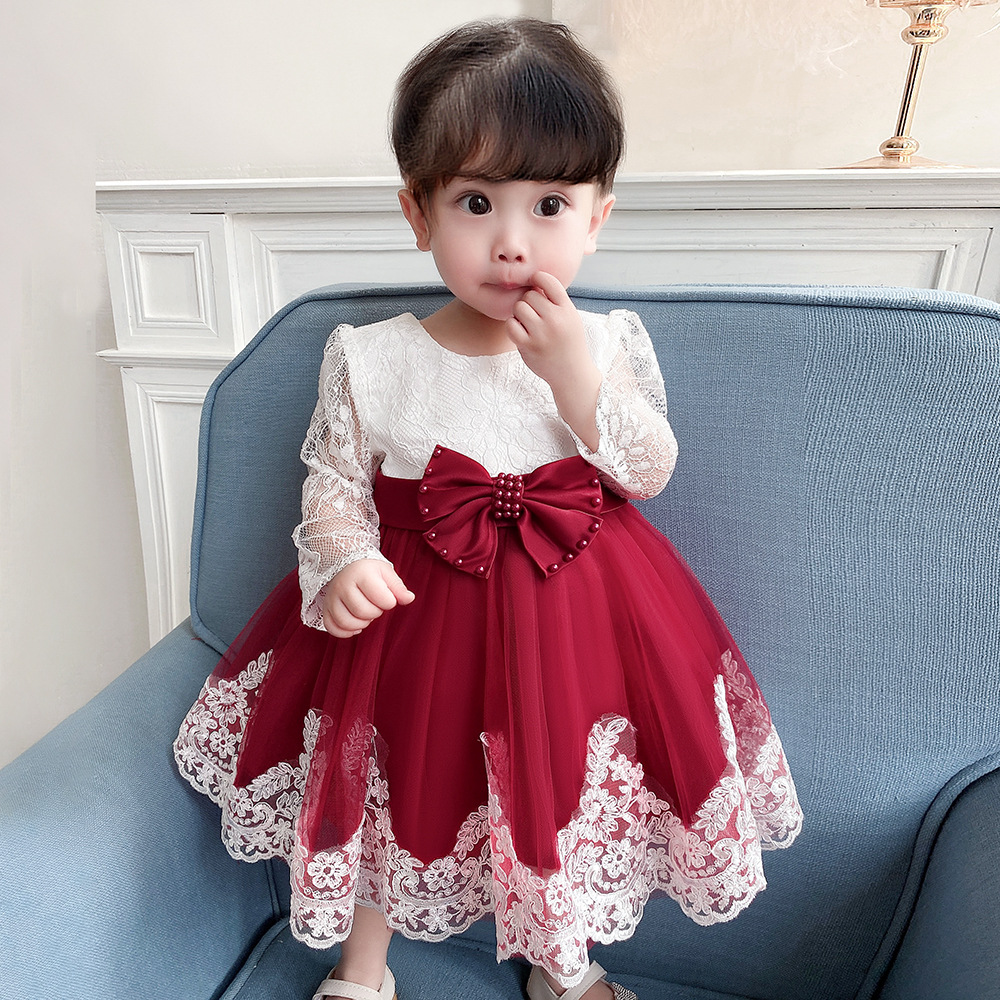 Amazon One Year Old Dress Long Sleeve Lace Stitching Wash Dress Bow Beaded Girl Dress