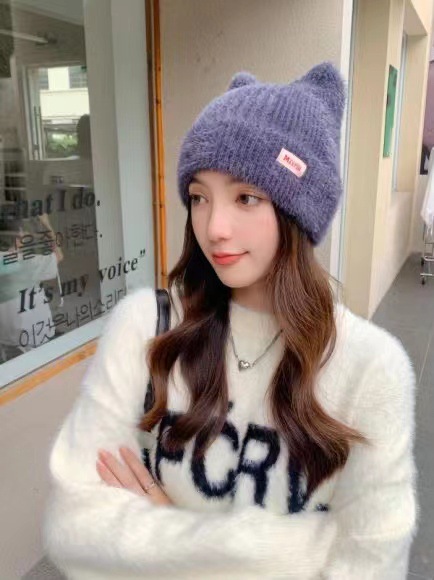 2023新款毛線帽子女秋冬日系可愛貓耳朵針織帽卷邊加厚保暖套頭帽