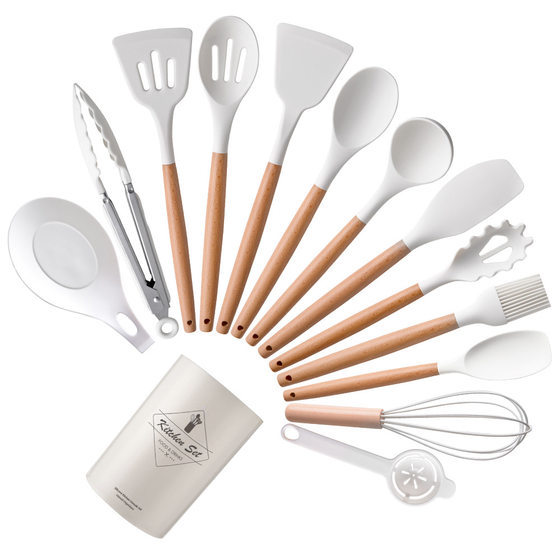 In stock Light version round barrel wooden handle silicone kitchenware 14-piece set 12-piece set