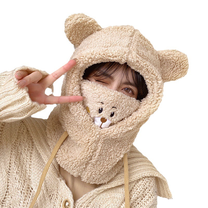 Bear hat mask scarf integrated mask Winter female cycling thickened plush three-in-one warm 2023
