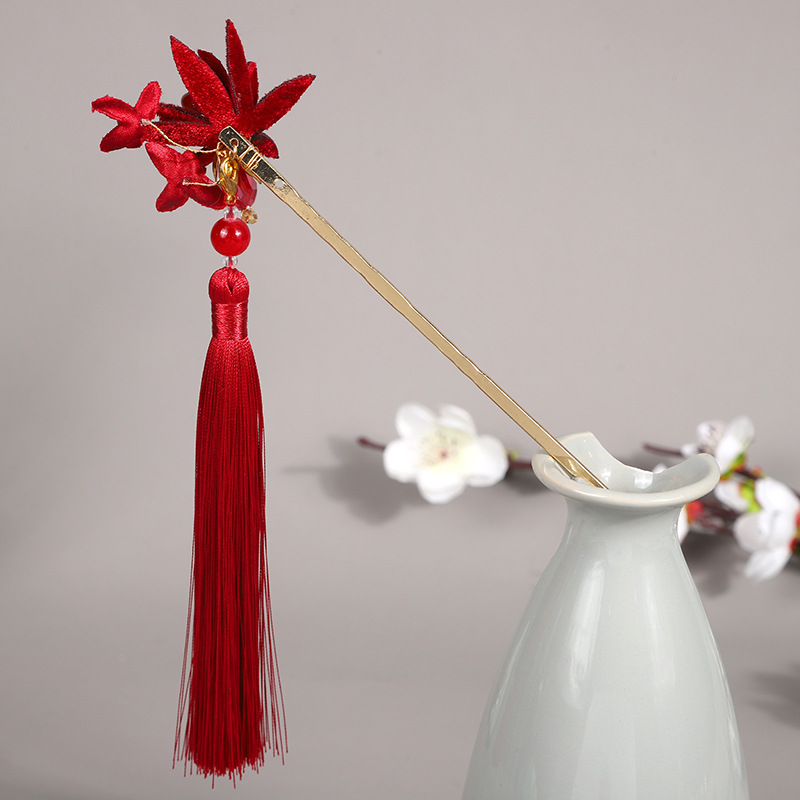 Ancient style red tassel hairpin hair accessories Hanfu headdress velvet flower updo vintage hairpin simple cheongsam alloy hairpin