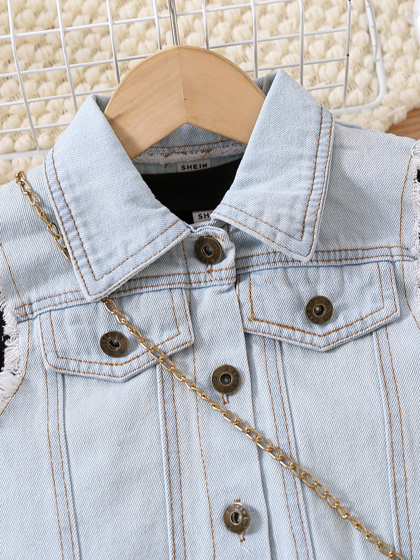 Original brand children's clothing autumn new  fashionable solid color long sleeve hoodie + stylish denim vest set of two