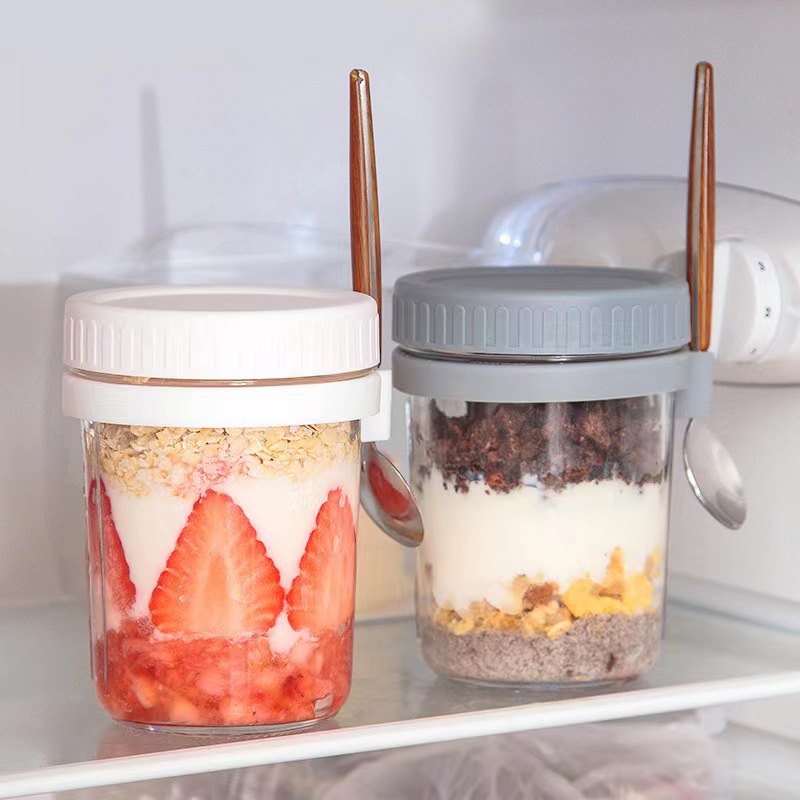 Amazon Overnight Oatmeal Cup 16oz Breakfast Cup with Spoon Portable Glass Cup Shaving Cup Dry and Wet Separated Oatmeal Cup