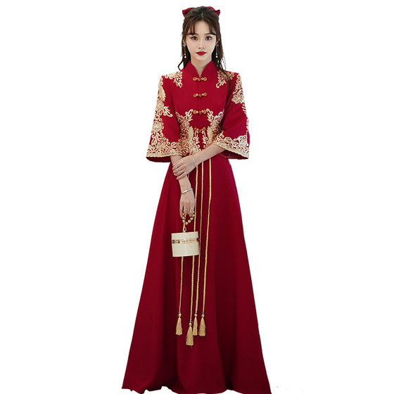 plus size Toast Dress Bride Summer Wedding Engagement Dress Chinese Xiuhe Dress wine red Long Toast Dress 2002