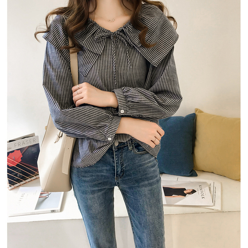 Women's New Korean Style Doll Collar Large Size Striped Shirt Women's Loose Top Hong Kong Style Long Sleeve Shirt