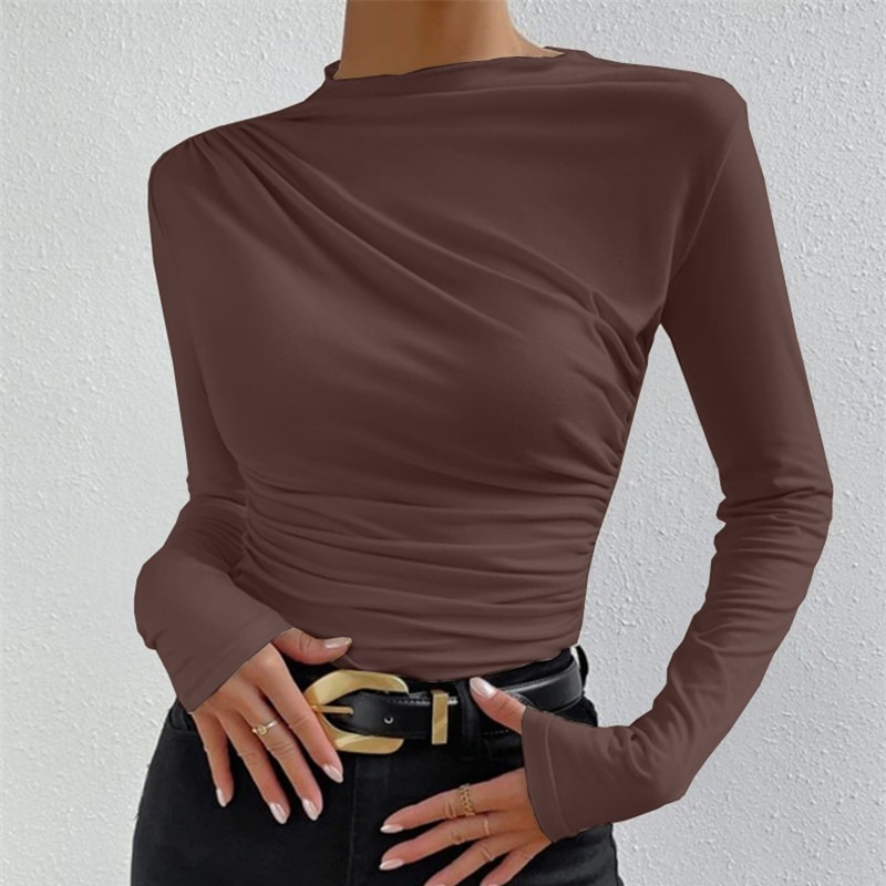 Cross-border 2023 European and American solid color slim bottoming shirt versatile pleated design long sleeve T-shirt women's top