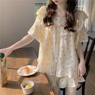 Princess Style Sweet Lace Small Floral Summer Short-sleeved Shorts Loose Large Size Milk Silk Pit Cross-border Southeast Asia