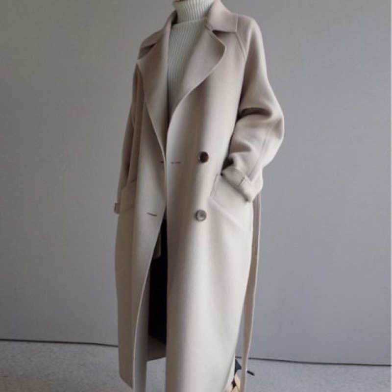 Cappotto di lana sopra il ginocchio stile Harajuku lungo e aderente in vita di Waitmore, in lana beige di media lunghezza, nuovo inverno 2023_voghion.com