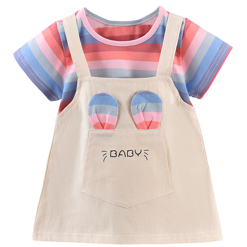 Girls summer dress 2025 new style cotton thin summer short sleeve girls children's skirt fake two pieces