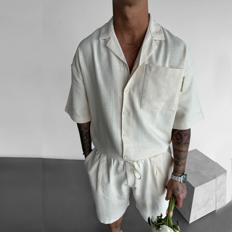 2024 Summer Casual Lasel Pocket Design Loose Short-sleeved Shirt Half Shorts Men's Two-piece suit