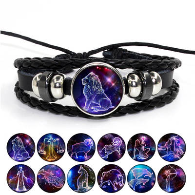 AliExpress wish cross-border jewelry retro leather rope woven combination time gem bracelet twelve constellations full set Q