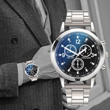 厂家直销炫彩蓝光玻璃三眼钢带手表 男 石英表礼品男士手表批发