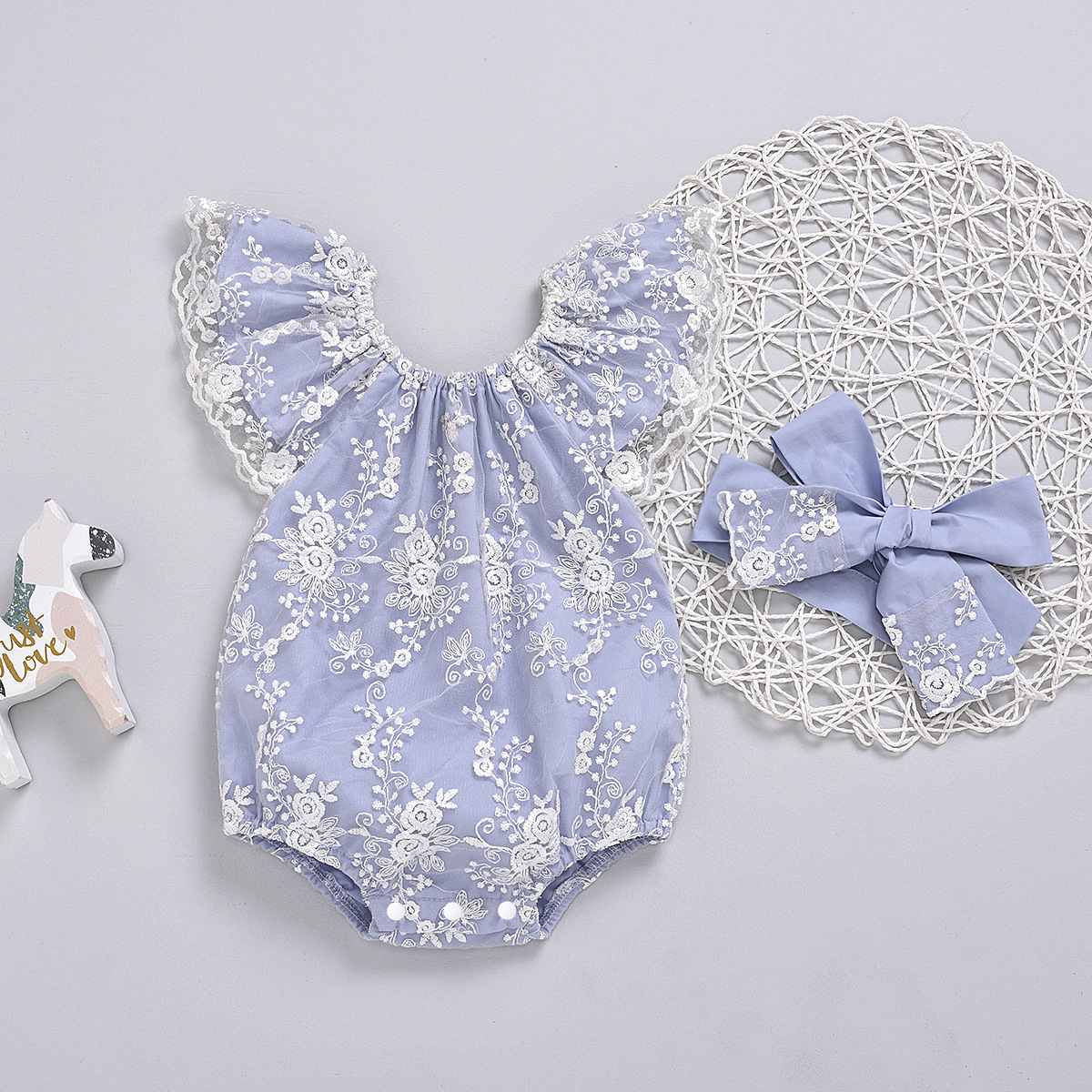 Children's clothing European and American summer girls lace flying sleeve mesh net crawling suit pure cotton children's baby one-piece pajamas 