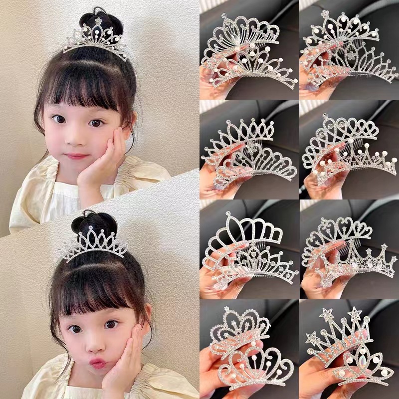 韓国スタイル子供のクラウンヘアコームプリンセスパールクリスタル少女ヘアコーム女の子アクセサリーラインストーン装飾品|undefined