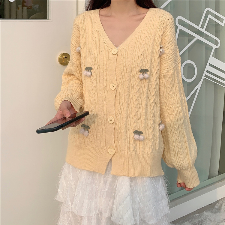Japanese autumn and winter New Cherry three-dimensional sweater women's loose sweet fresh temperament all-match sweater cardigan coat