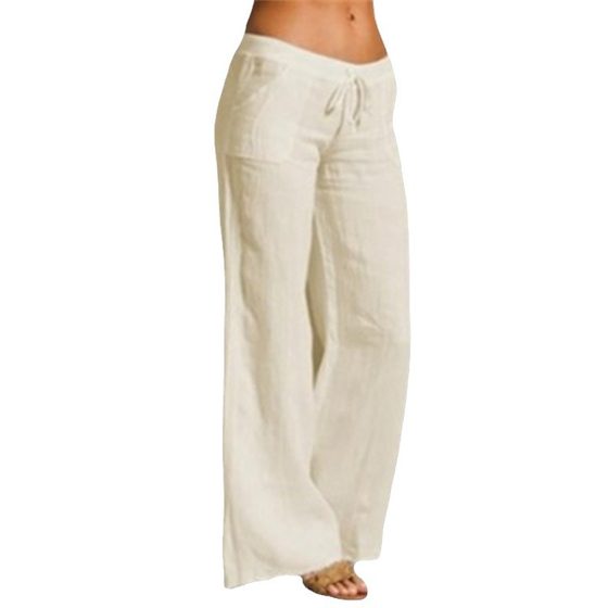 2023 New Cross-border European and American Amazon Women's High Waist Wide Leg Pants Big Foot Pocket Cotton and Linen Casual Pants for Women