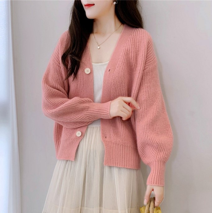 Spring and Autumn Sweater French V-neck Candy-colored Top Long-sleeved Women's Cardigan Outer Loose Knitted Sweater Jacket Women's Fashion