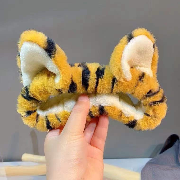 2023 Explosion Cartoon Cute Tiger Pattern Cat Ear Three-dimensional Hair Band Plush Face Wash Makeup Hair Accessories Hair Band