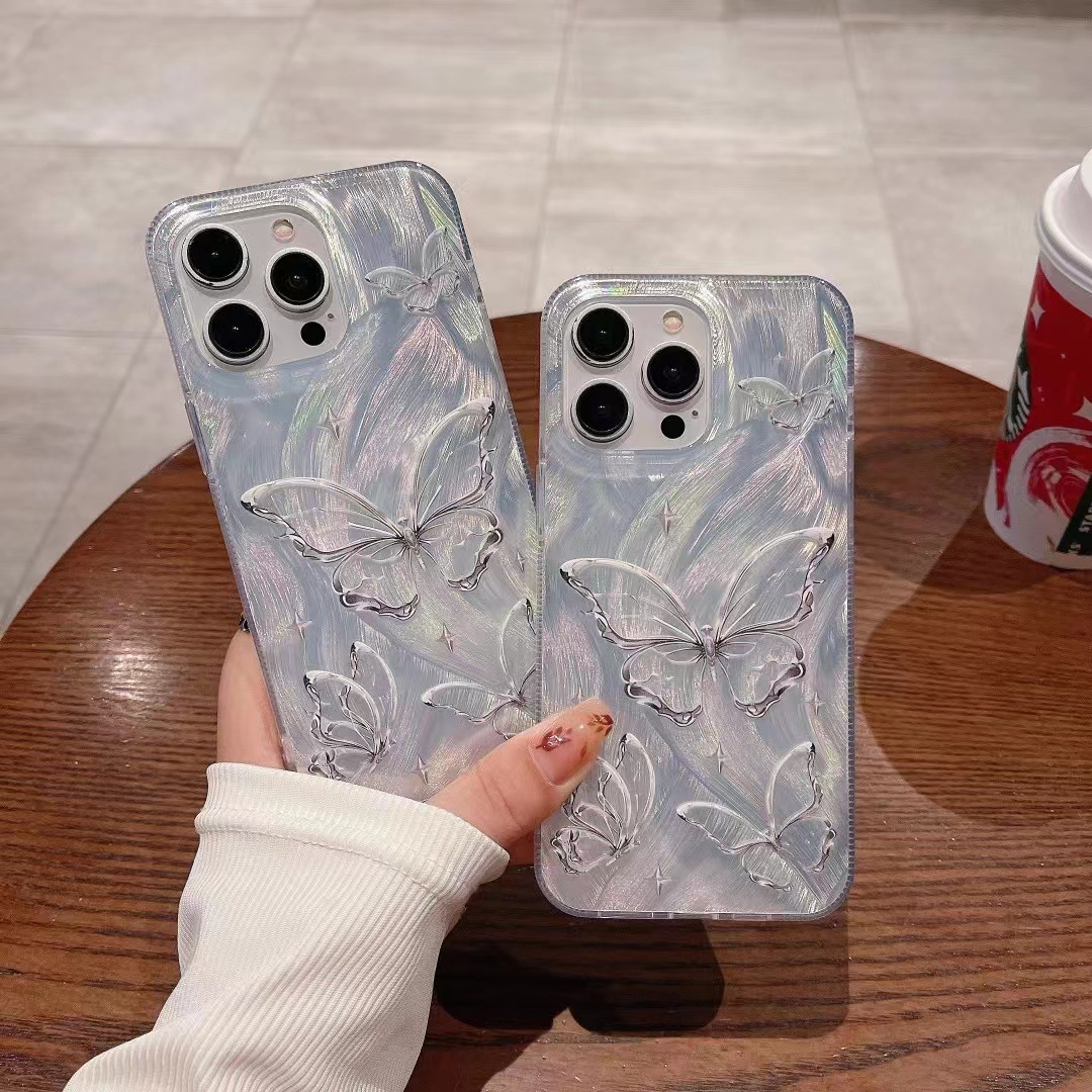日韓銀色蝴蝶羽紗適用iPhone15PROMAX手機殼蘋果14高級感防摔13硬