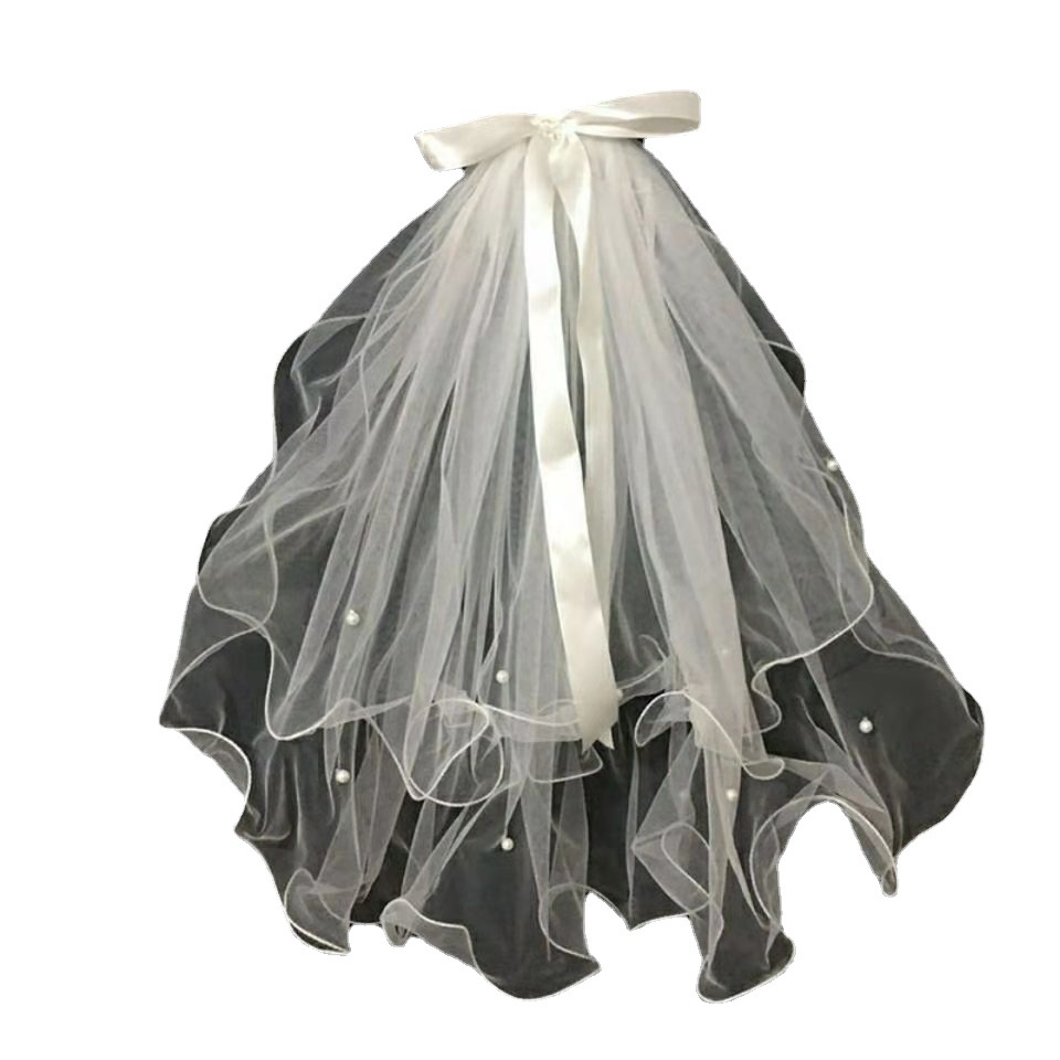 Veil Double-layer Pearl Female Mori Photo Bride Proposes Marriage Master Veil License Registration White French Small Veil