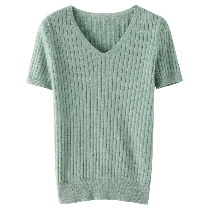 Beige Vertical T-Shirt V-Neck Women's Top All-Match Slim-Looking Base Shirt Outer Wear Short-Sleeved Inner Knitted Top