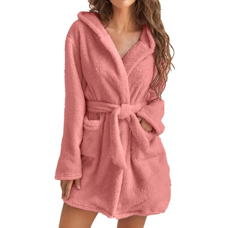Cross-border Amazon popular European and American women's clothing autumn and winter warm plush lace-up cardigan hooded pocket mid-length coat