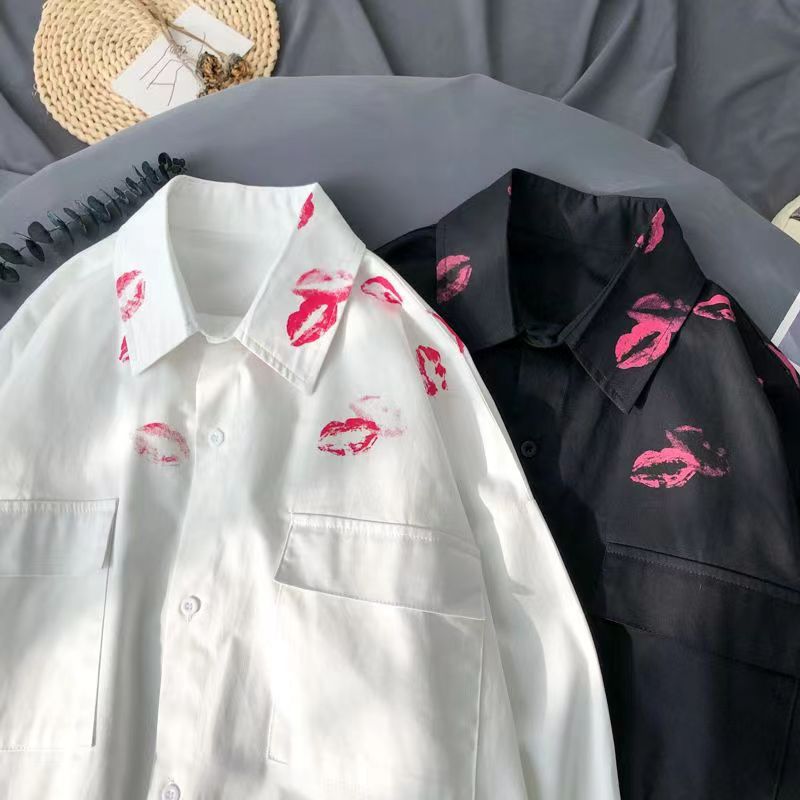 Lip print white long-sleeved shirt men's and women's summer thin niche design high-grade lazy trendy loose shirt
