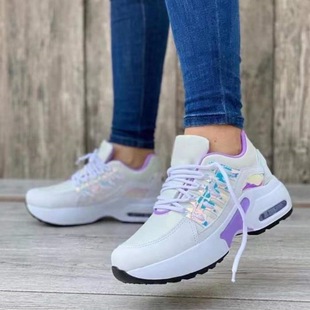 2022 European and American New Large Size Flying Woven Thick Bottom Wedge Round Head Lace-up Mesh Breathable Casual Sneakers Women's Shoes