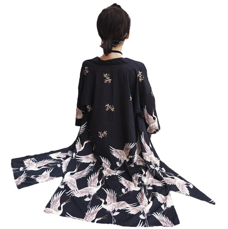 Summer new harajuku style loose long japanese retro cardigan kimono cloak men crane 3/4 sleeve robe women