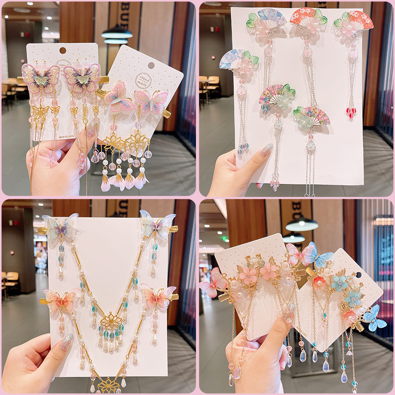Conjunto de tocados de estilo chino para niños, horquilla Hanfu para niñas, horquilla de estilo antiguo, accesorios para el cabello con borlas de mariposa y hadas_voghion.com