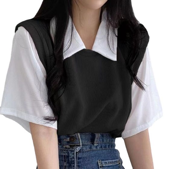 2023 Summer polo lapel fake two-piece college style contrast color short sleeve t-shirt women's loose casual all-match top ins