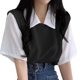 2023 Summer polo lapel fake two-piece college style contrast color short sleeve t-shirt women's loose casual all-match top ins