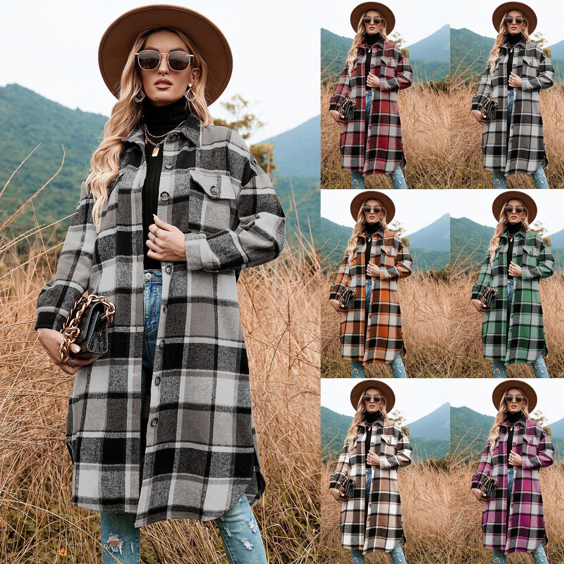 2022 autumn and winter European and American temperament windbreaker coat side slit lapel loose woolen plaid shirt coat in stock_voghion.com
