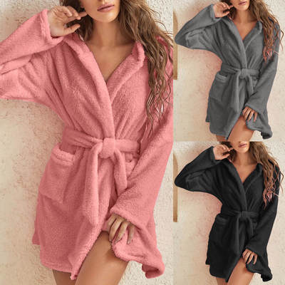 2024 cross-border hot sale European and American Foreign Trade Amazon autumn and winter hooded home plush pajamas solid color warm bathrobe for women